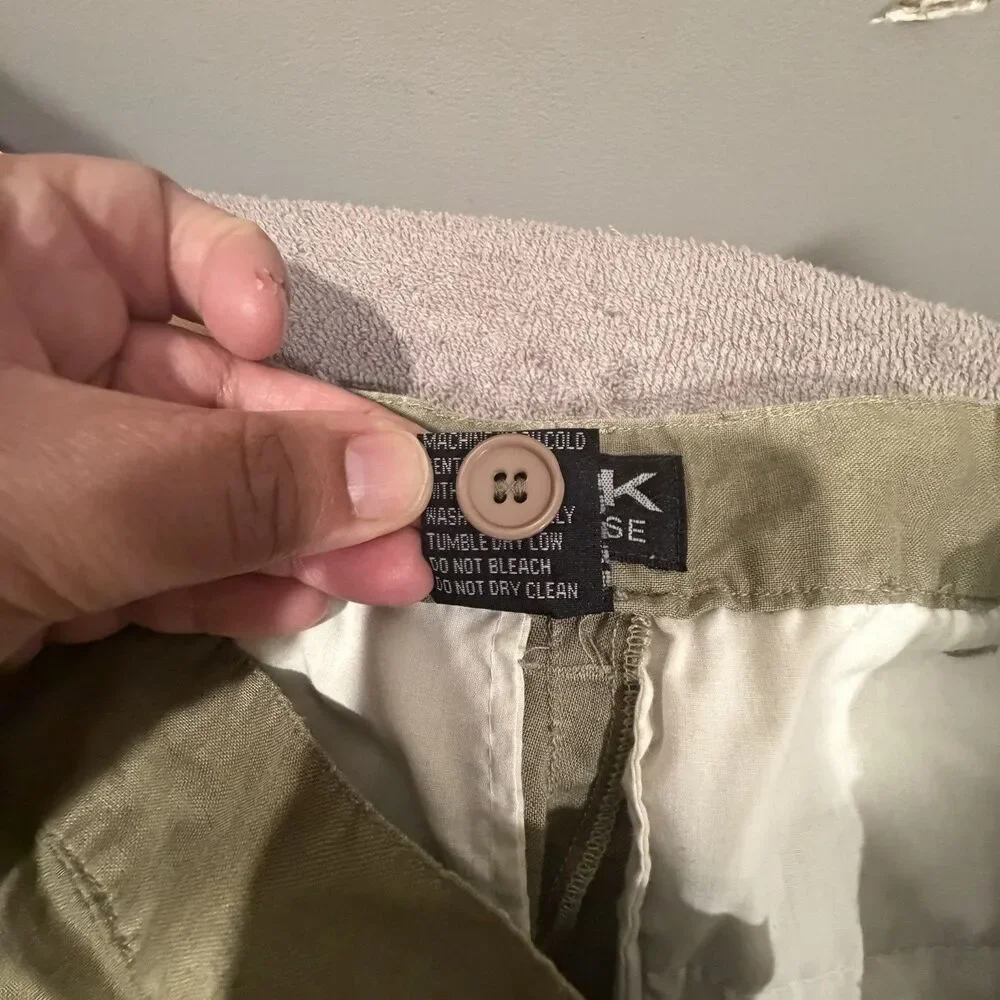 S&K Enterprise Mens Large 100% Linen Pants Olive Green Elastic Waist Casual